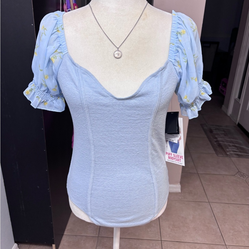 Celebrity Pink Blue Puff Sleeve Fitted Blouse